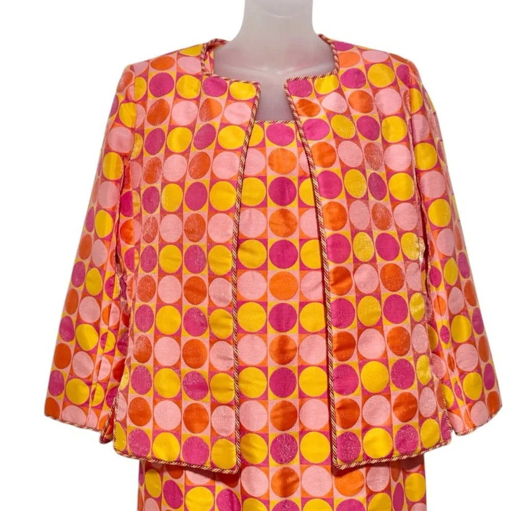 Victor Costa Orange/Pink/Yellow Circles Dress with Matching Jacket